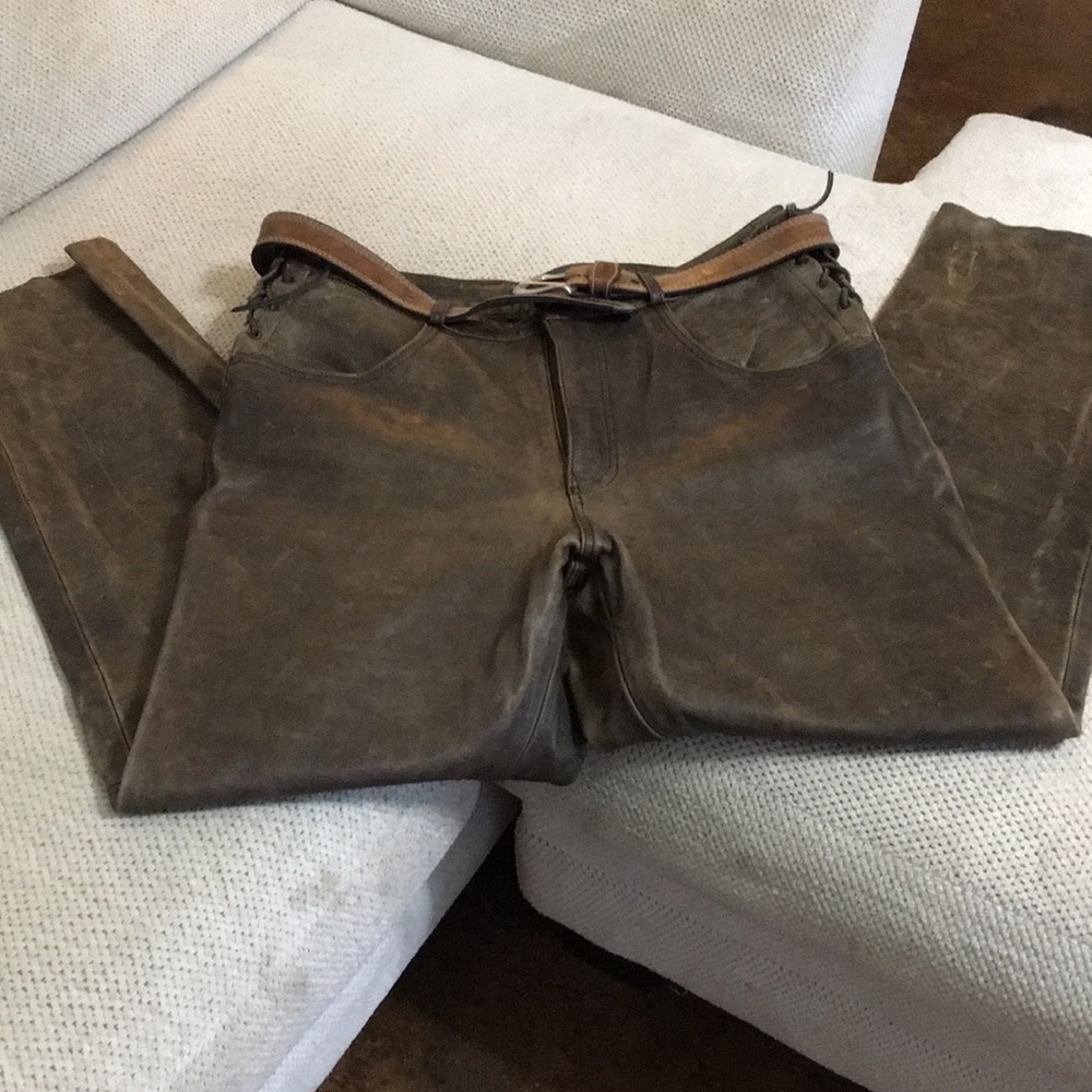 Men’s brown distressed leather pants